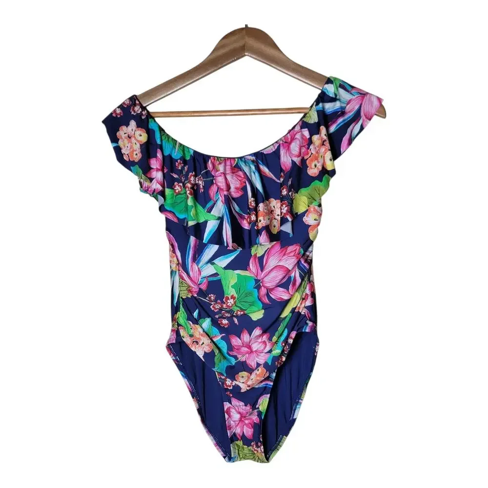 La‎ Blanca Off Shoulder Ruffle One Piece Swimsuit Floral Women's Size 6 US
